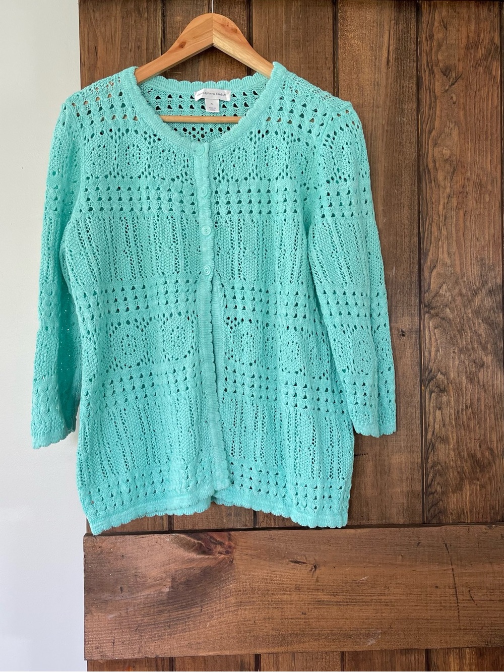 Christopher & Banks Blue Green Crochet Pointelle Split Front Cardigan XL